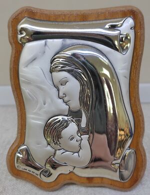 CUADRITO VIRGEN CON NIÑO MADERA Y BILAMINADO DE PLATA 7X9 CM. - POG1/H1