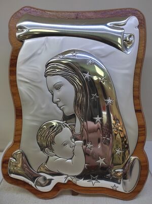 CUADRITO VIRGEN CON NIÑO MADERA Y BILAMINADO DE PLATA 19X24 CM. - POG3/H1