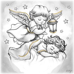 CUADRITO ANGEL DE LA GUARDA C/FAROL B/N ORO 12X12 CM - F198551D
