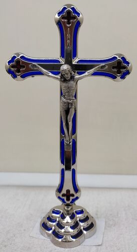 CRUZ NÍQUEL CON BASE 15 CM. ESMALTE AZUL